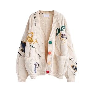 Women’s Ivory Cable Knit Cardigan Button Up Embroidered Shapes Colorful Buttons